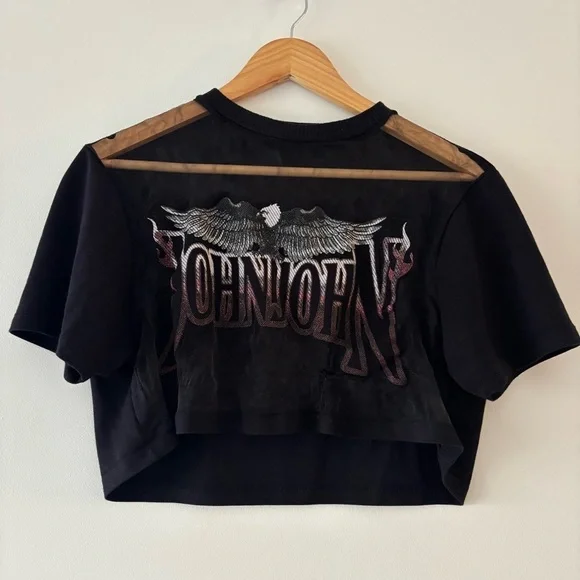 JOHNJOHN Distressed Black Mesh Graphic Crop Top with Eagle Wings - Picture 2 of 7